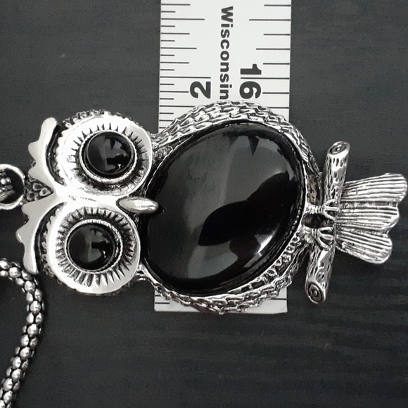 Silver Tone Owl Pendant Necklace with Black Stone - Picture 8 of 10